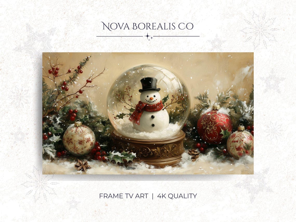 Vintage Snowman Snow Globe Christmas Ornaments Frame TV Art Poster