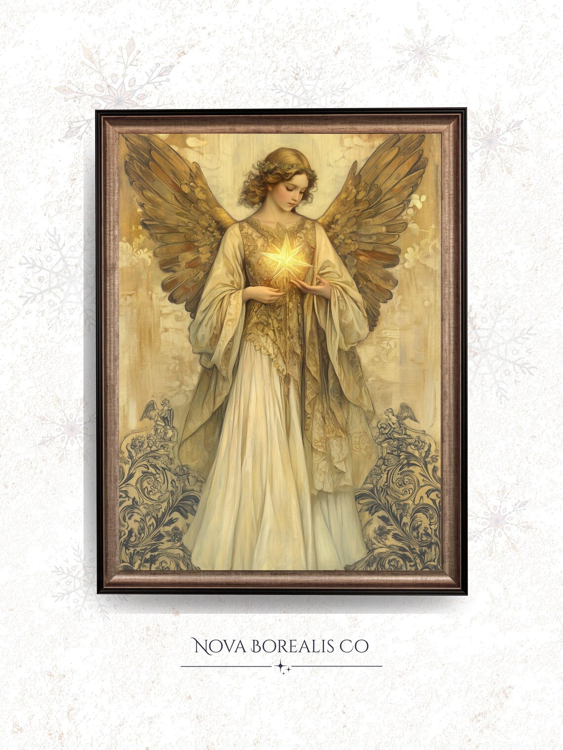 Golden Angel Holding Star Vintage Christmas Holiday Art Poster