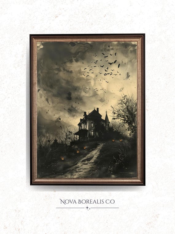 Haunted Mansion Silhouette Art Spooky Vintage Scene Moody Sky Leafless Trees Eerie Halloween Decor Wall 56