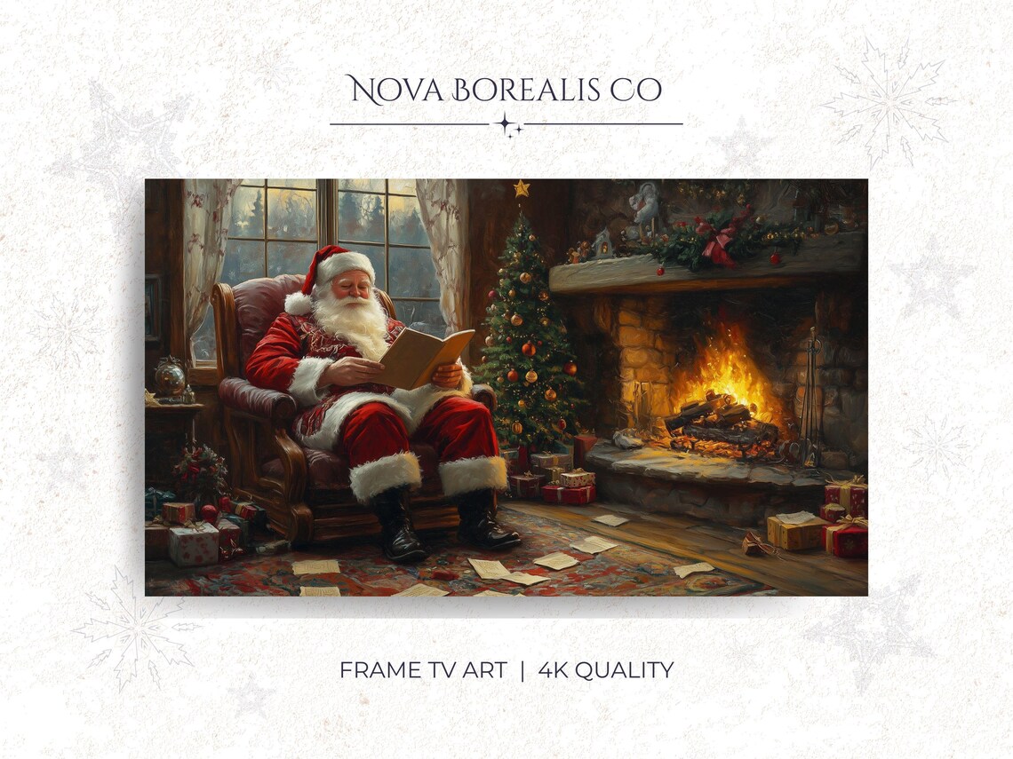 Cozy Santa Reading Letters Fireplace Christmas Tree Holiday Scene Poster
