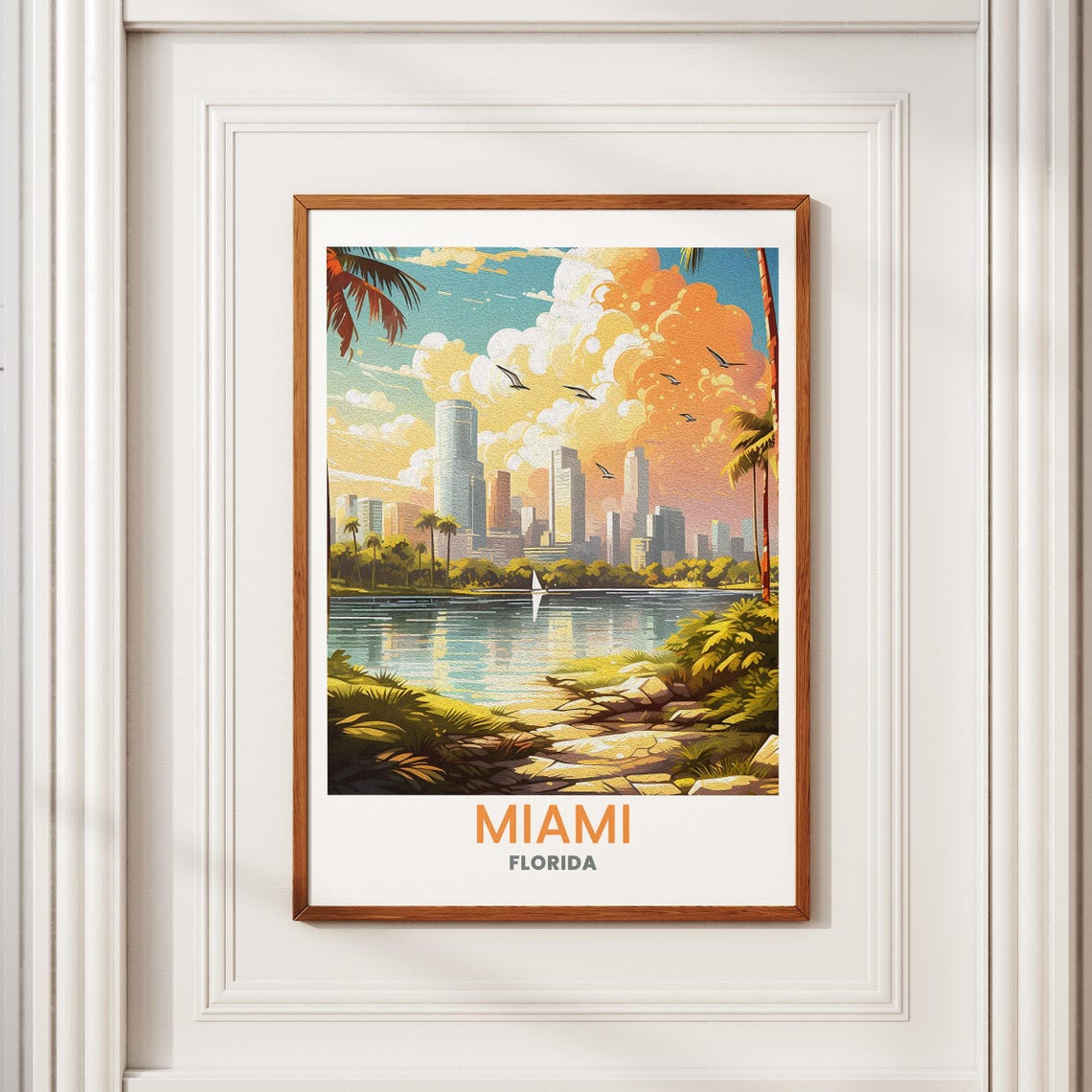 Miami Florida Skyline Palm Trees Sunset Vintage Travel Poster