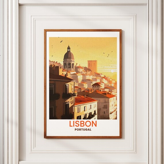 Golden Lisbon Portugal Sunset Rooftop Cityscape Travel Poster