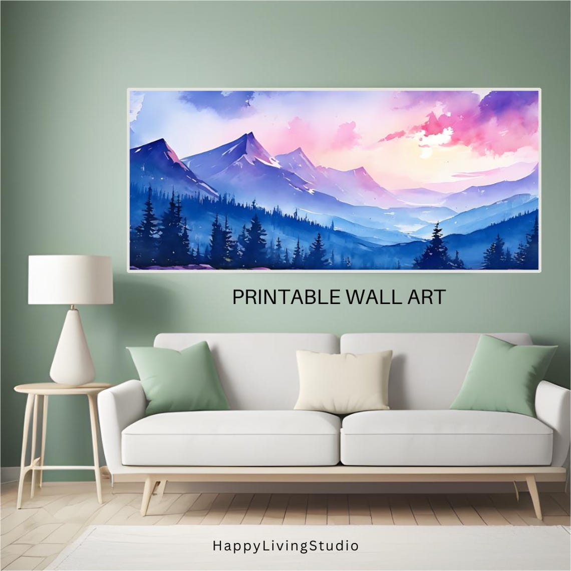 Mountain Watercolor Landscape Pink Purple Sky Snowy Peaks Wall Poster - Image 3