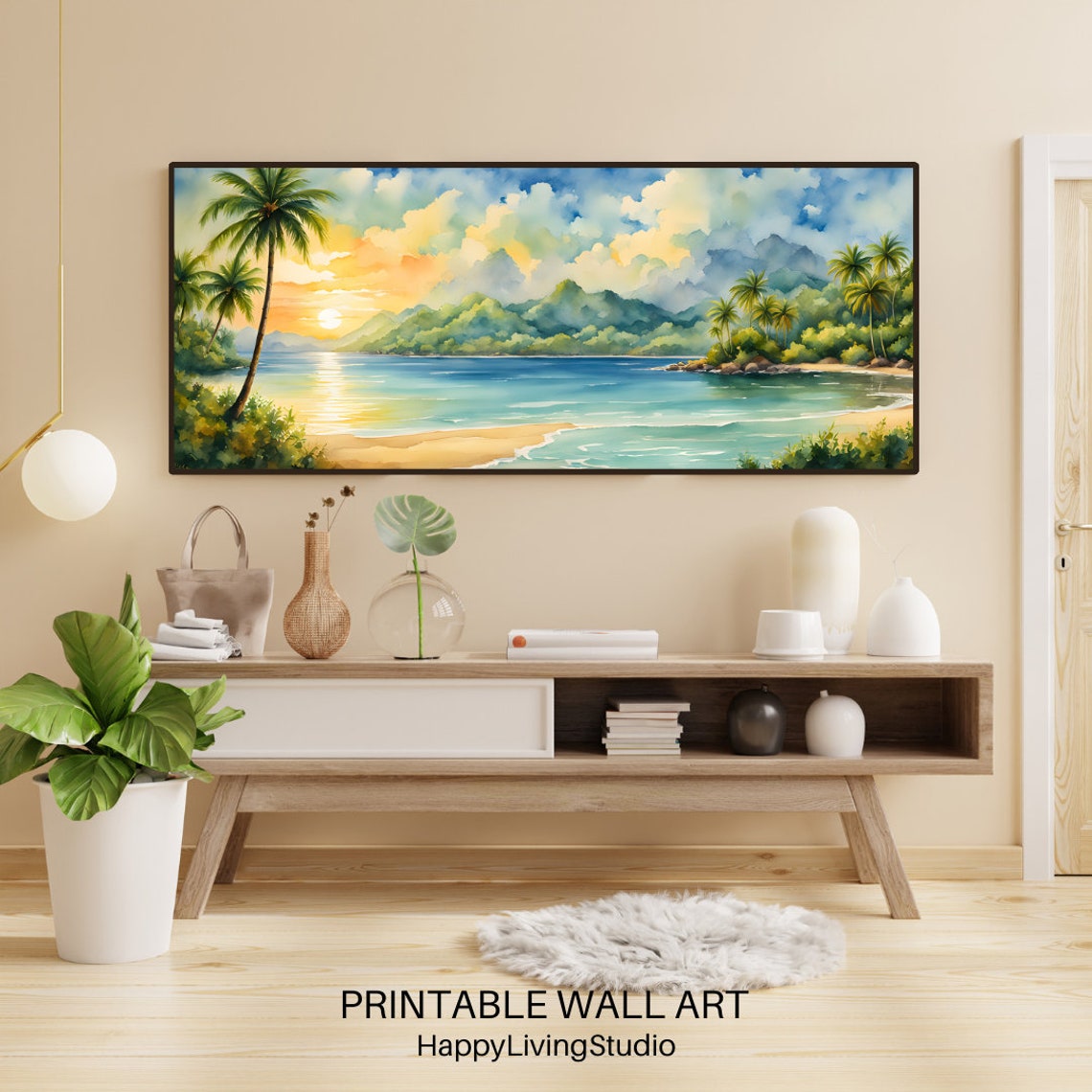 Tropical Beach Bay Watercolor Palm Trees Golden Sunset Shore Poster - Image 2