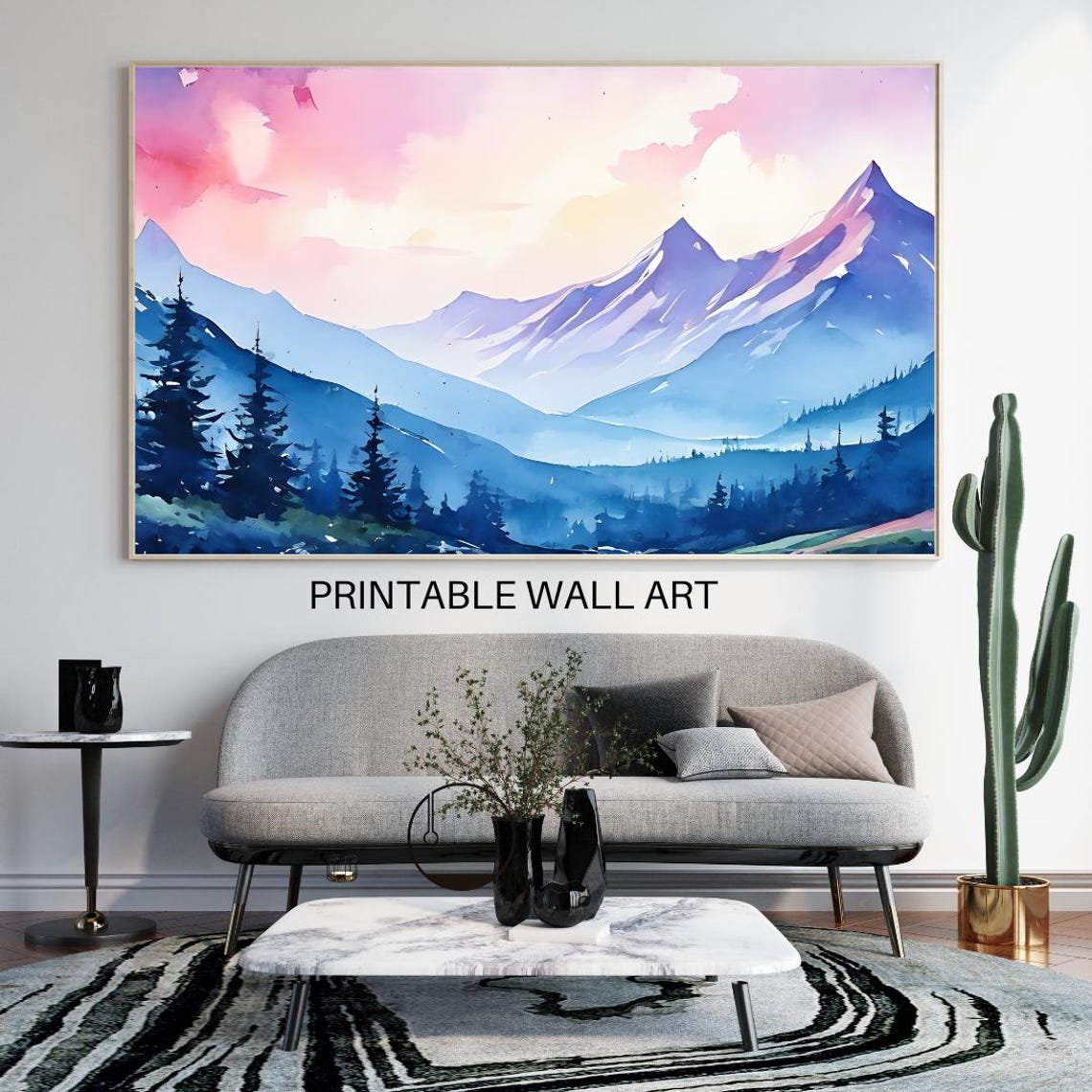 Blue Mountain Valley Watercolor Pink Dawn Sky Pine Forest Poster - Image 4