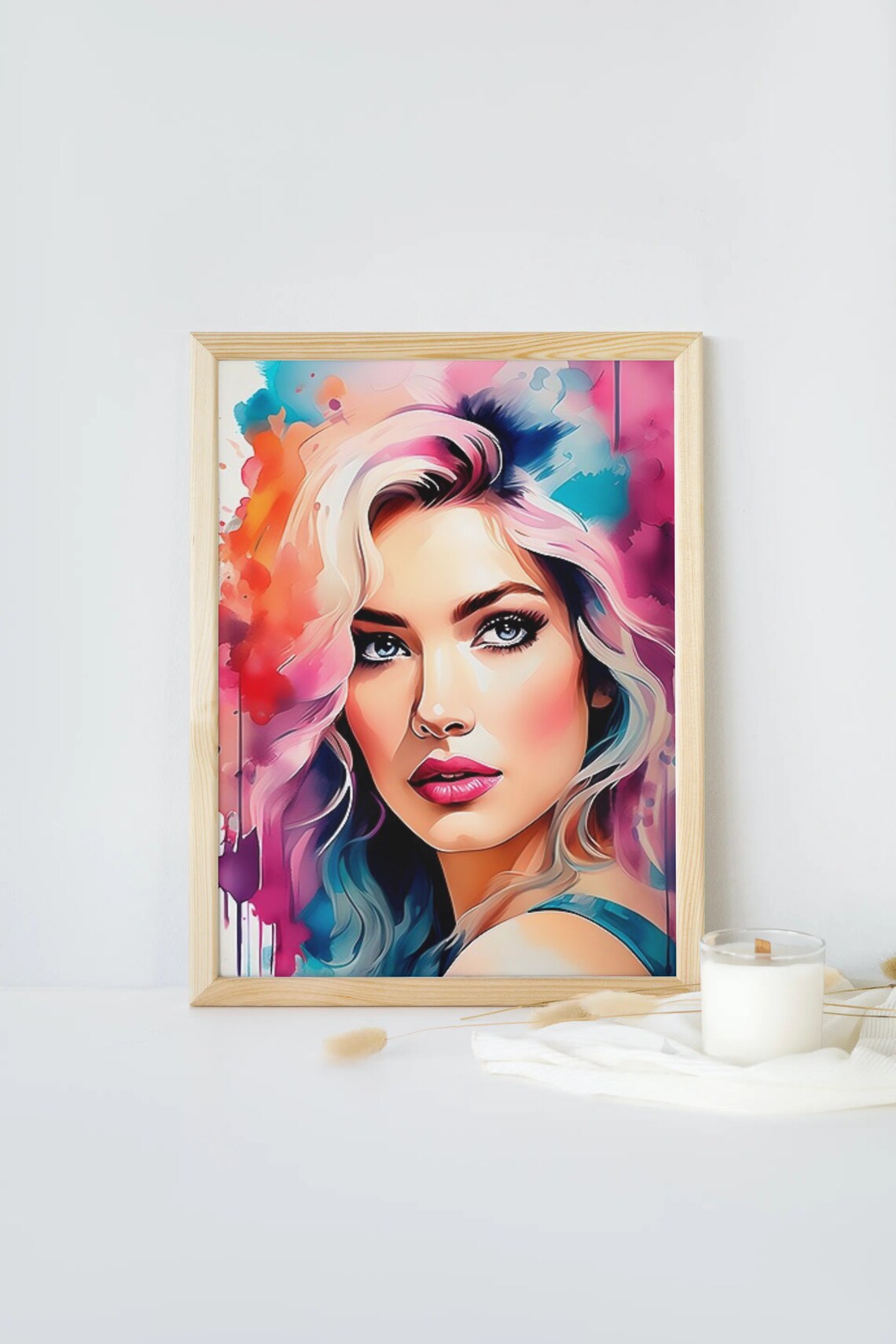 Blonde Woman Watercolor Portrait Colorful Modern Feminine Wall Art