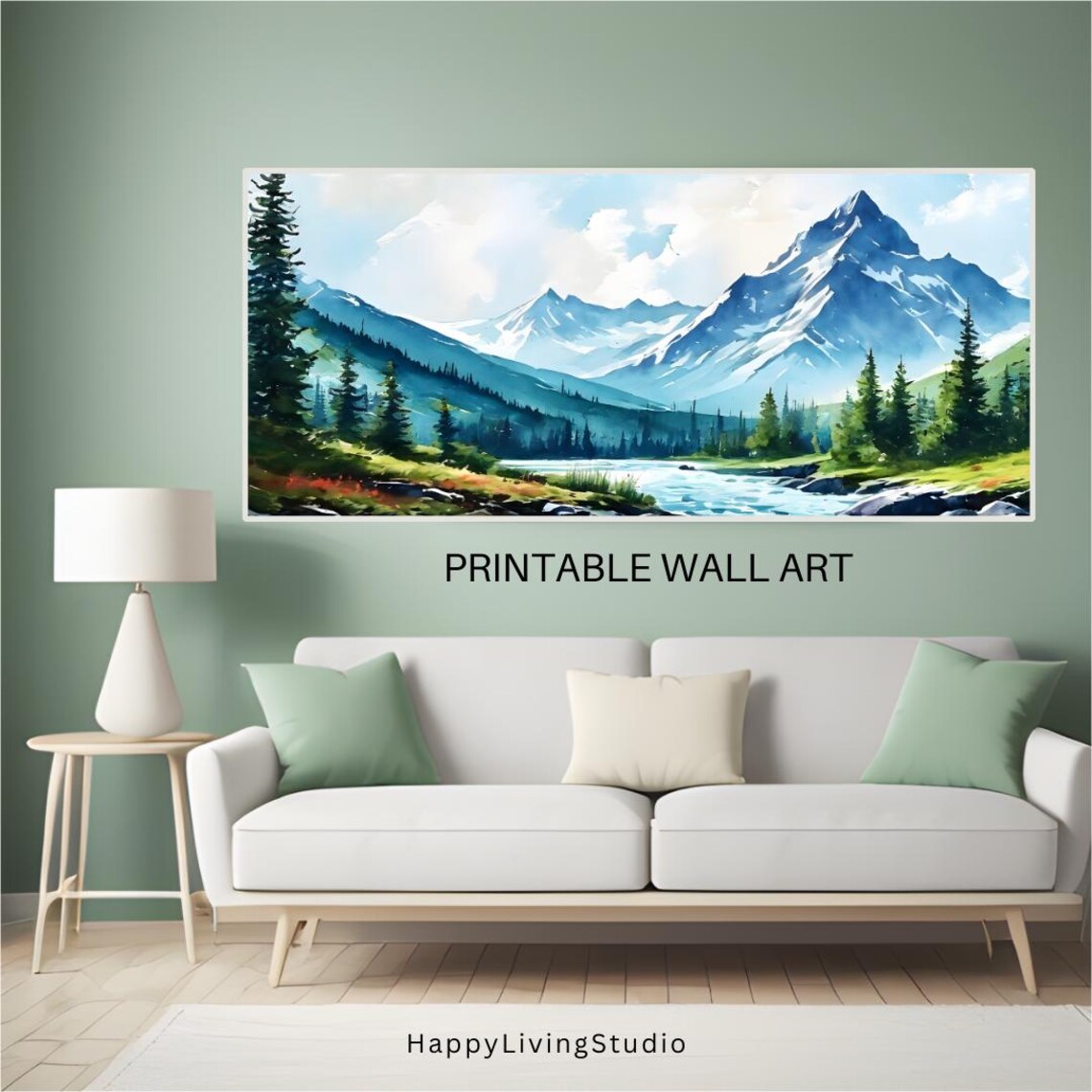 Snowy Mountain River Valley Watercolor Morning Light Landscape Poster - Image 3