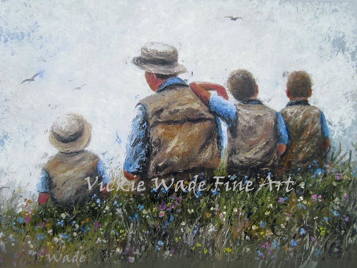 Father With Three Sons Standing In A Wildflower Meadow Poster