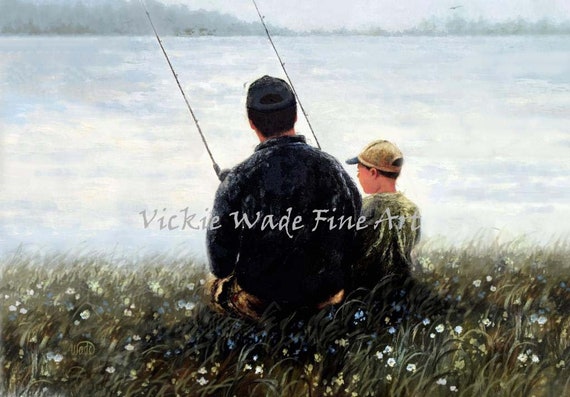 Father And Son Fishing Art Print Dad And Son Baseball Caps Sitting On River Bank Fishing Fishing With Dad Vickie Wade Art
