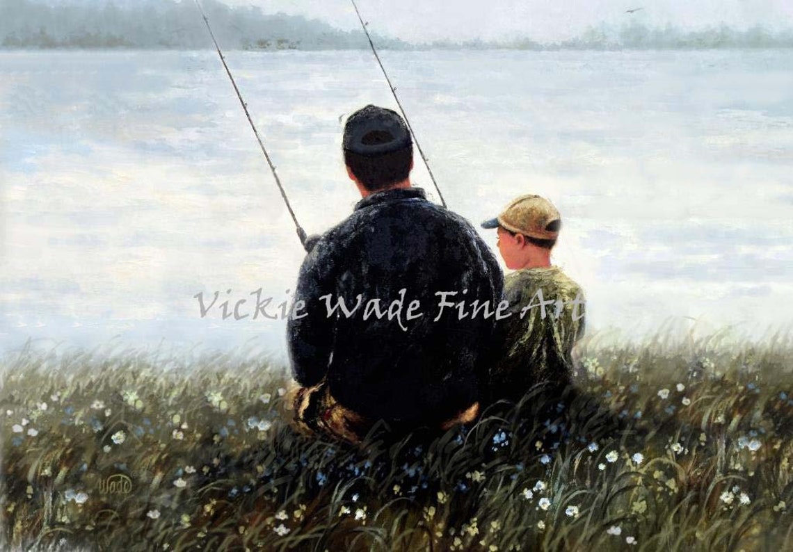 Father And Son Fishing Art Print Dad And Son Baseball Caps Sitting On River Bank Fishing Fishing With Dad Vickie Wade Art