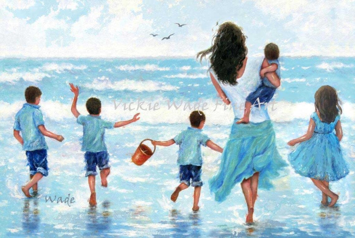 Mother and Her Five Happy Children Splashing in the Ocean Poster