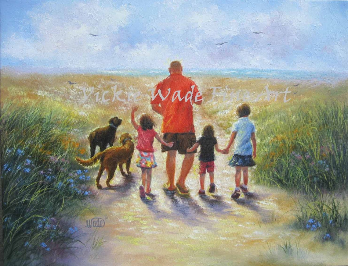 Father Leading Three Daughters and Two Dogs Down Beach Path Poster