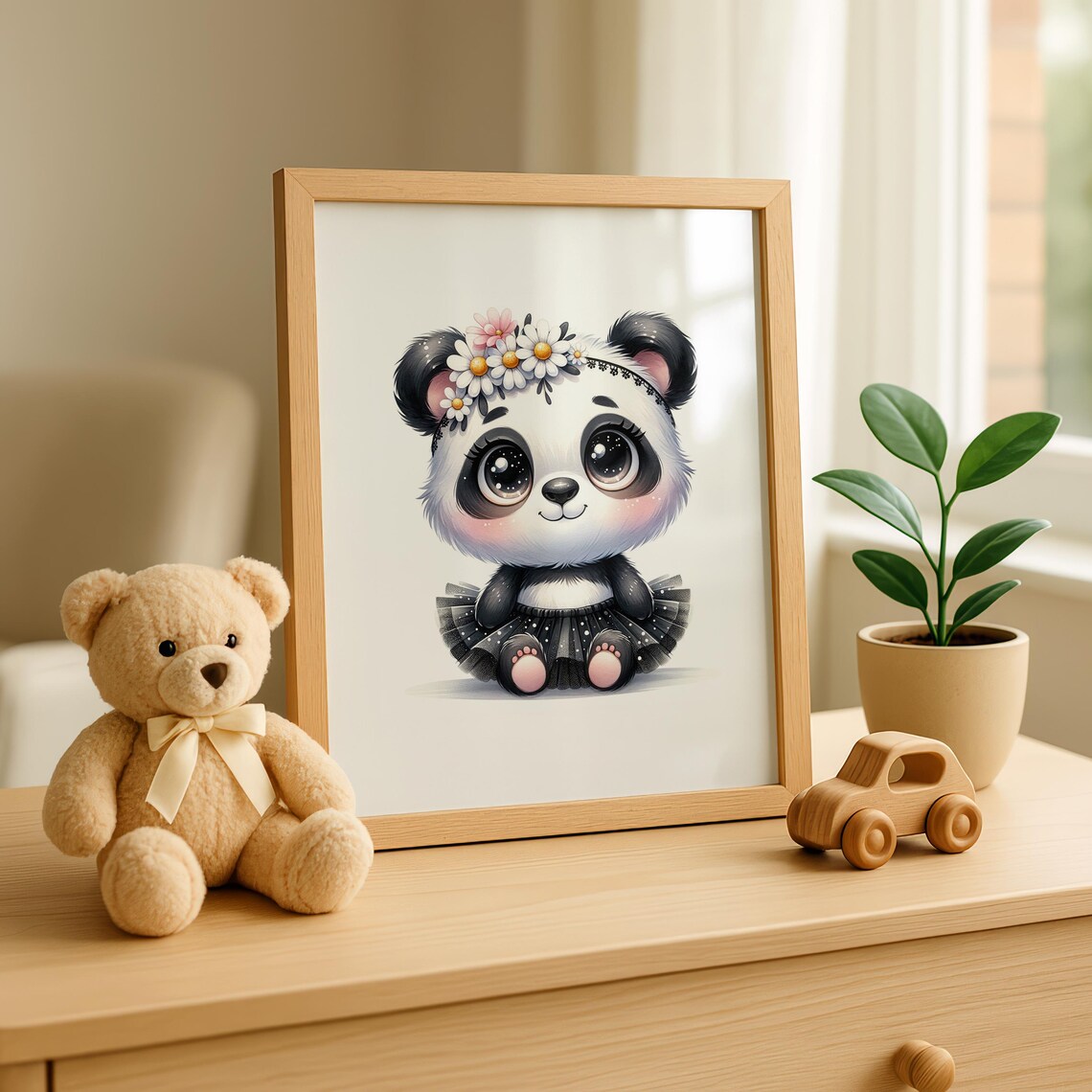 Cute Baby Panda In Black Polka Dot Tutu With Daisy Crown Nursery Art Poster - Image 3