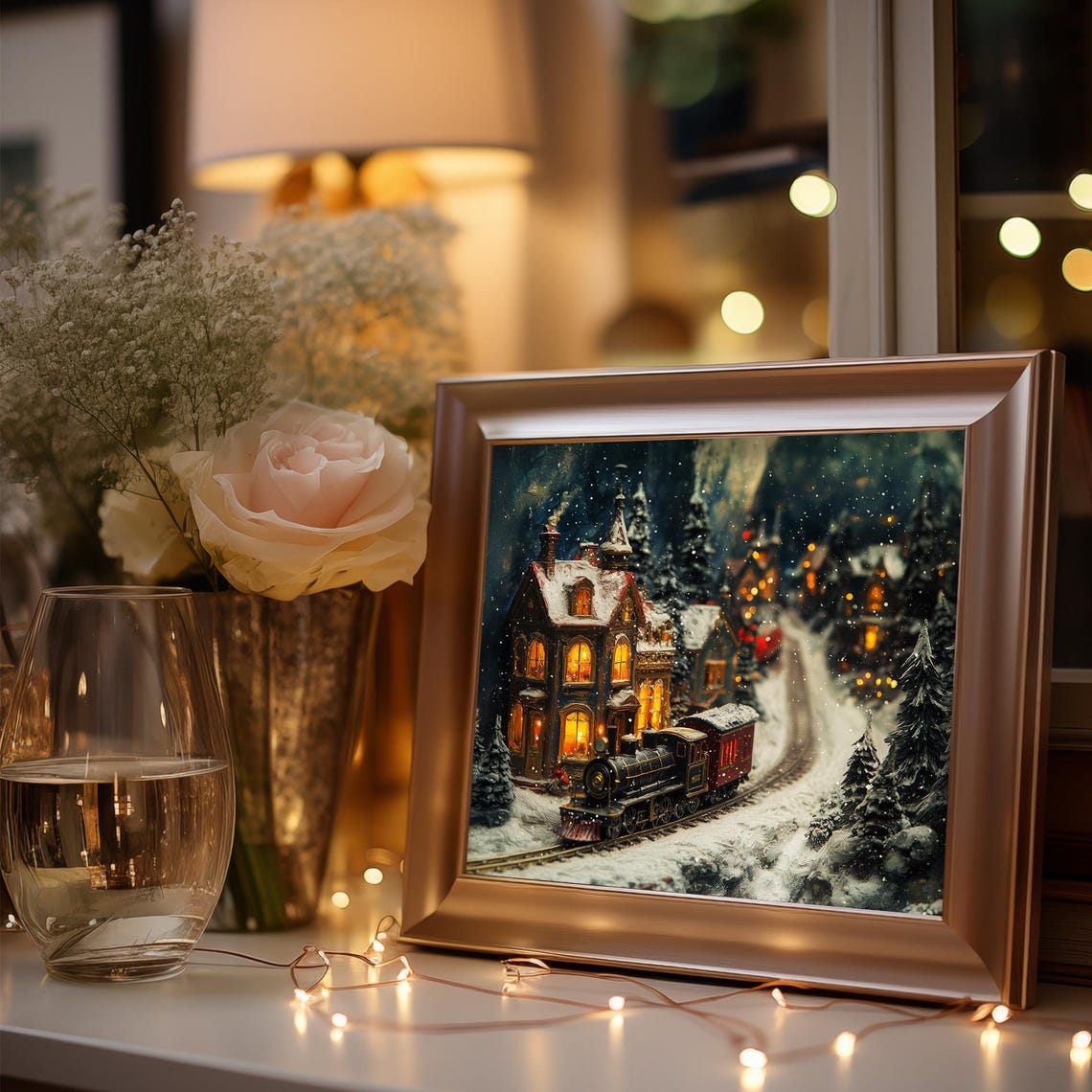 Snowy Christmas Village at Night with a Steam Train Passing By Poster - Image 3