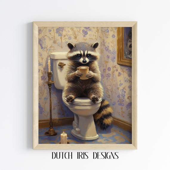Whimsical Raccoon Bathroom Art Funny Animal Toilet Scene Rustic Wall Decor Charming Oil Painting 689