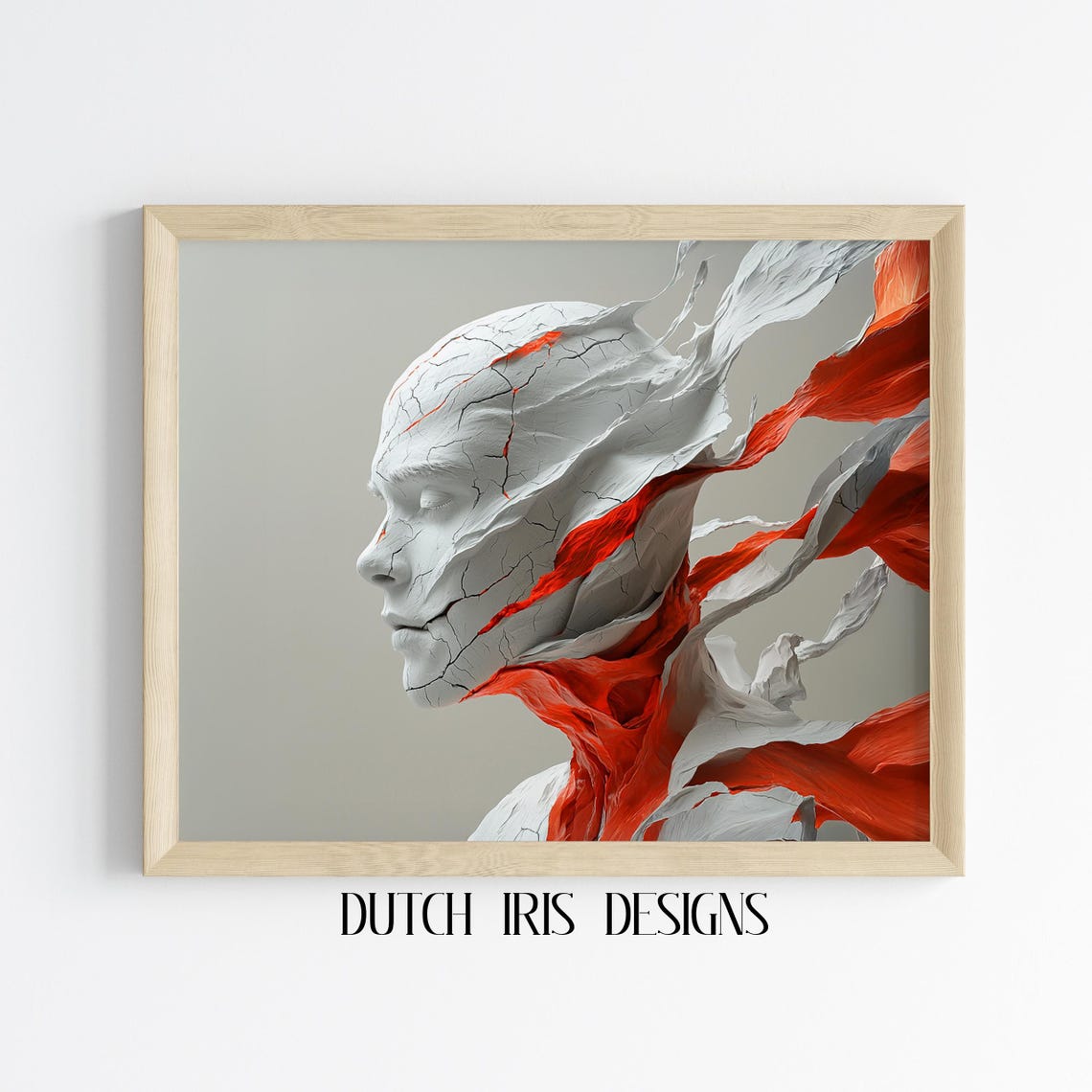 Cracked Marble Humanoid Profile With Flowing Crimson Fabric Art Poster