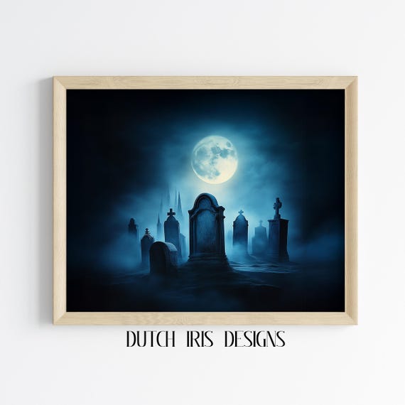 Haunted Halloween Graveyard Scene Moody Night Landscape Art Foggy Tombstones Spooky Moonlit Decor Wall Gothic Print 65