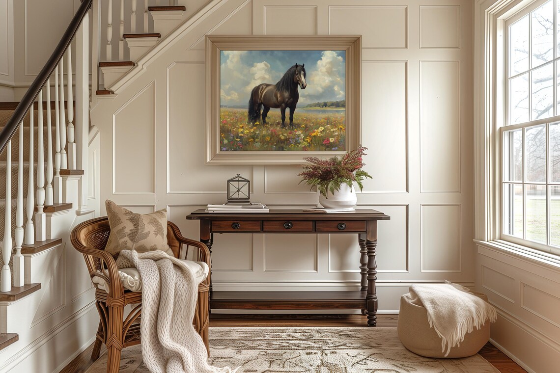 Dark Bay Horse In Wildflower Meadow By Quiet Lake Country Poster - Image 2