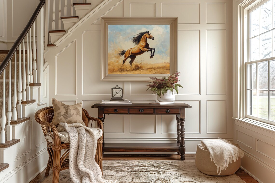Rearing Bay Horse In Dusty Golden Field Powerful Equestrian Poster - Image 2