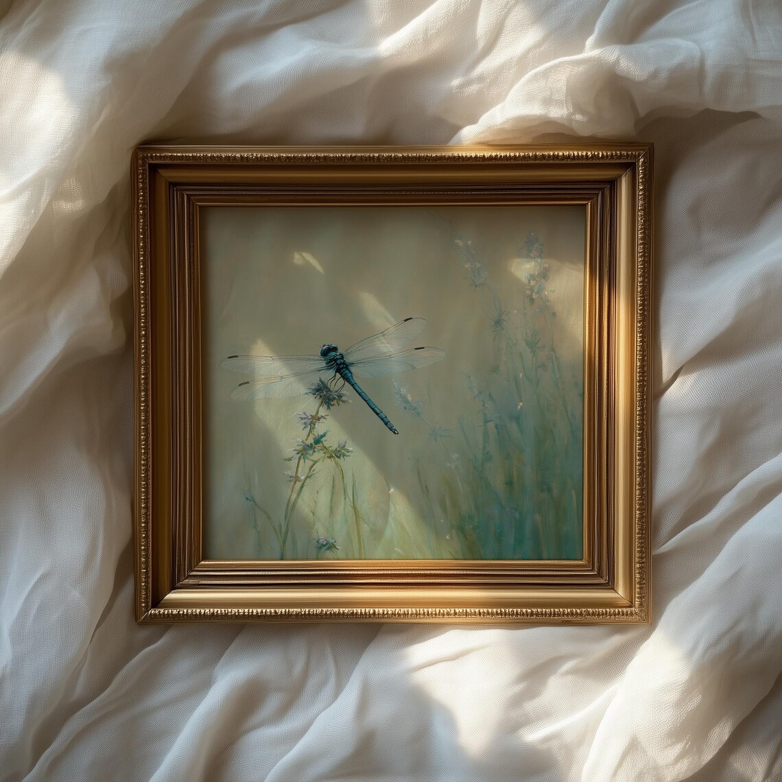 Blue Dragonfly On Wildflowers Soft Meadow Nature Oil Painting Poster - Image 2