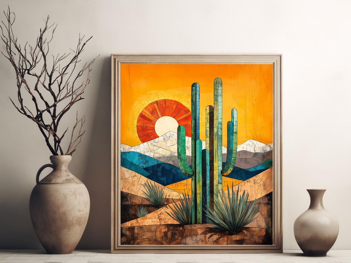 Cubist Desert Sunset Saguaro Cacti Mountains Landscape Art Poster - Image 3