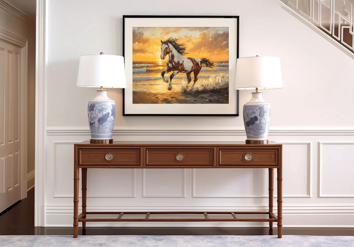 Paint Horse Galloping Through Ocean Surf At Golden Sunset Poster - Image 4