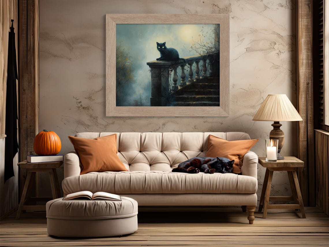 Black Cat On Stone Staircase Under Full Moonlight Gothic Poster - Image 2