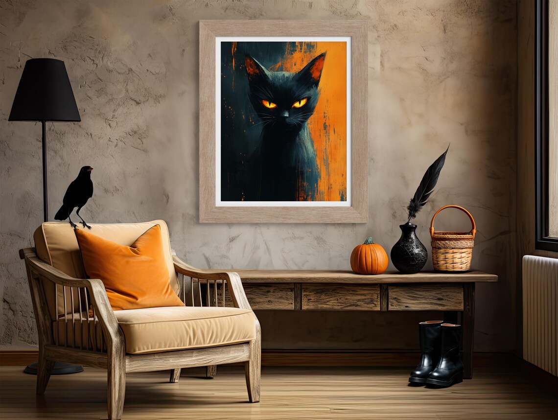 Black Cat Portrait With Glowing Orange Eyes Moody Halloween Poster - Image 4