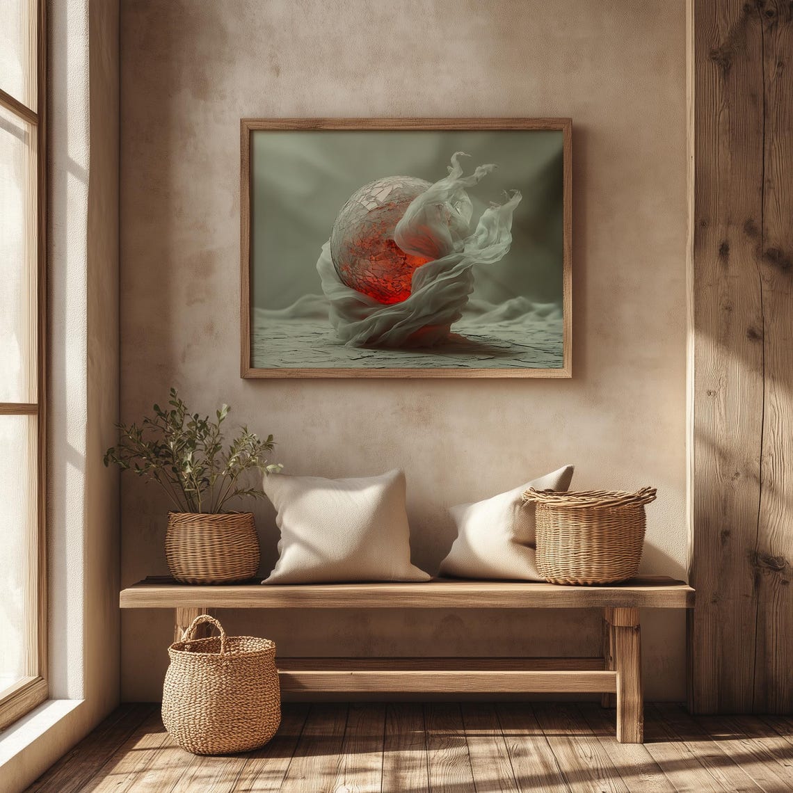Glowing Cracked Glass Orb Wrapped In White Silk Abstract Art Poster - Image 4