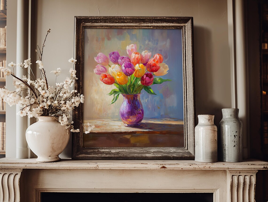 Colorful Tulip Bouquet In Purple Vase Vibrant Spring Floral Poster - Image 3