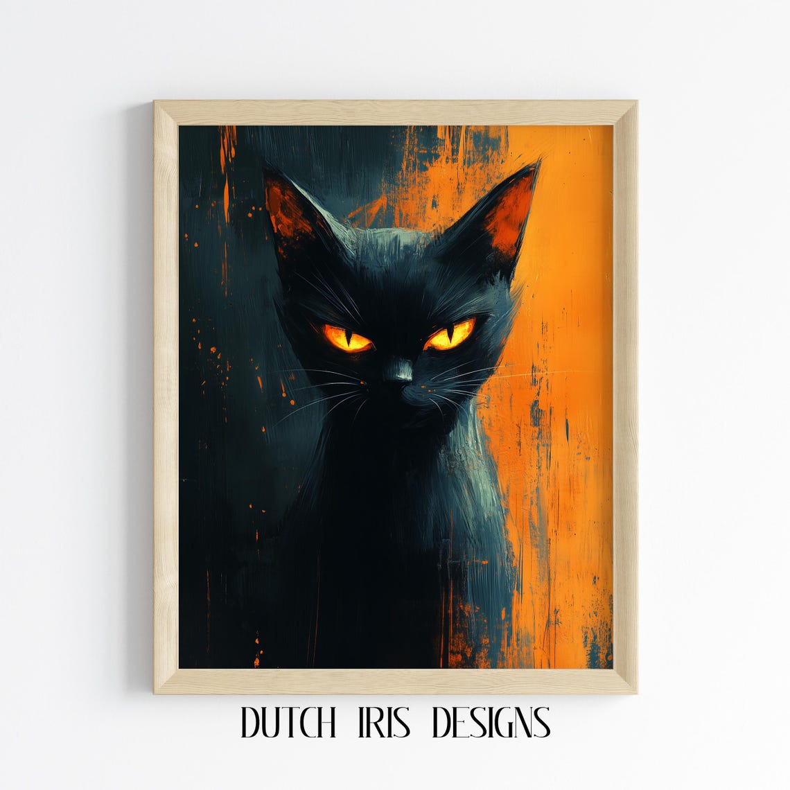 Black Cat Portrait With Glowing Orange Eyes Moody Halloween Poster
