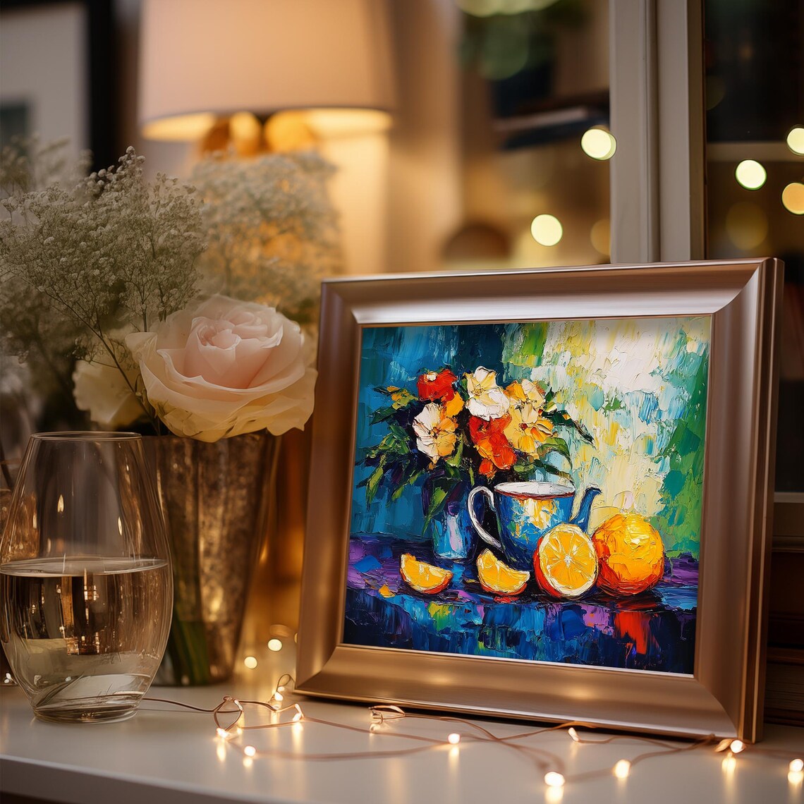 Vibrant Impasto Still Life Of Flowers Teapot And Lemons Art Poster - Image 3