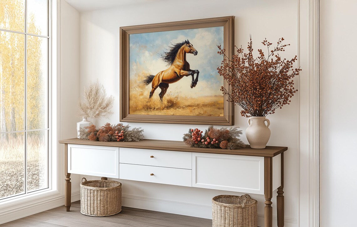 Rearing Bay Horse In Dusty Golden Field Powerful Equestrian Poster - Image 3