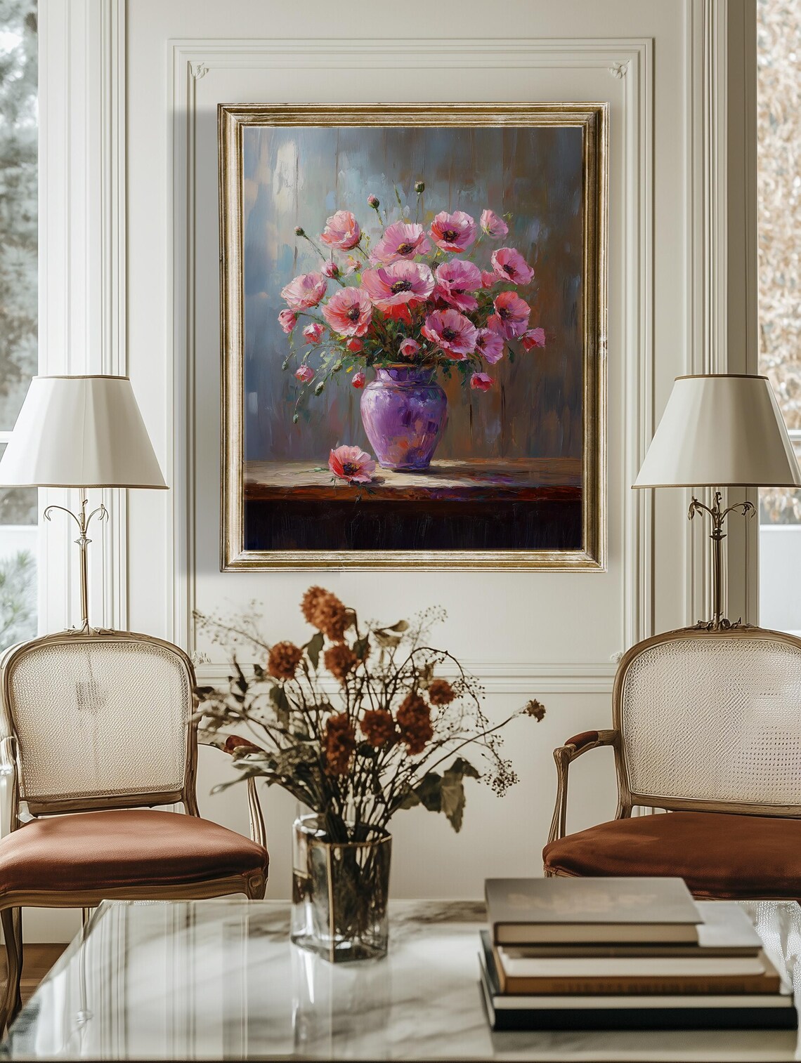 Pink Poppies In Purple Vase Impressionist Floral Oil Painting Poster - Image 4