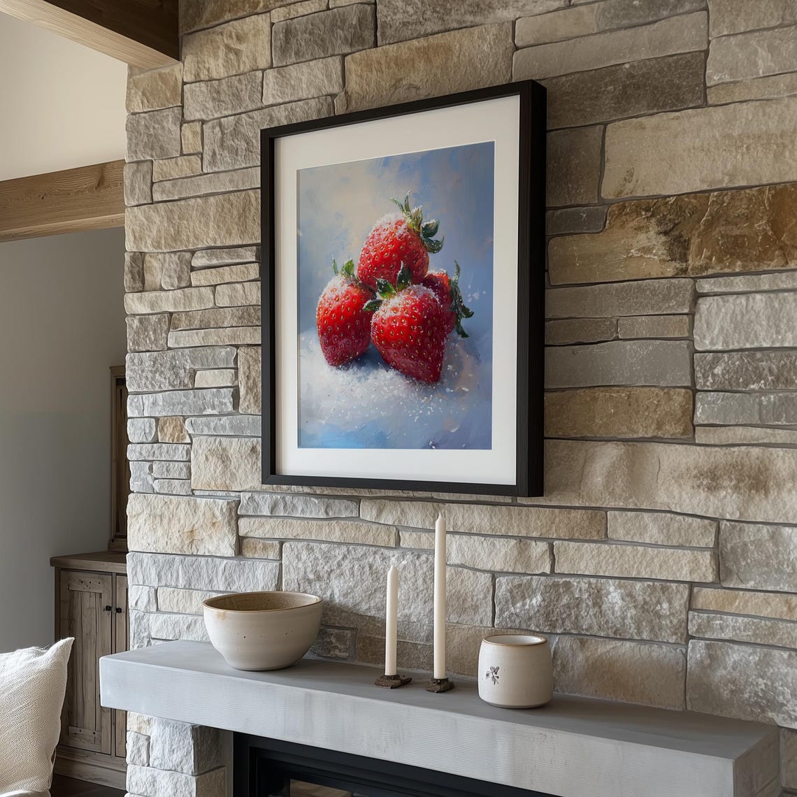 Fresh Strawberries Dusted With Sugar Rustic Oil Painting Art Poster - Image 3