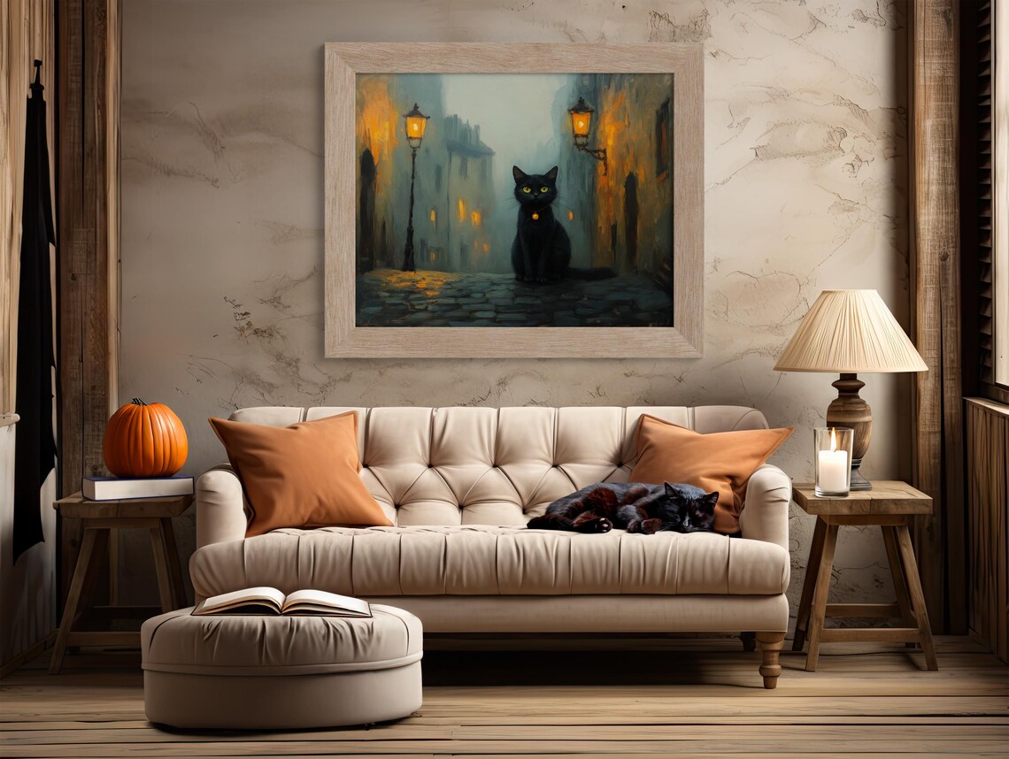Black Cat On Foggy Street Under Glowing Lanterns Moody Night Poster - Image 2