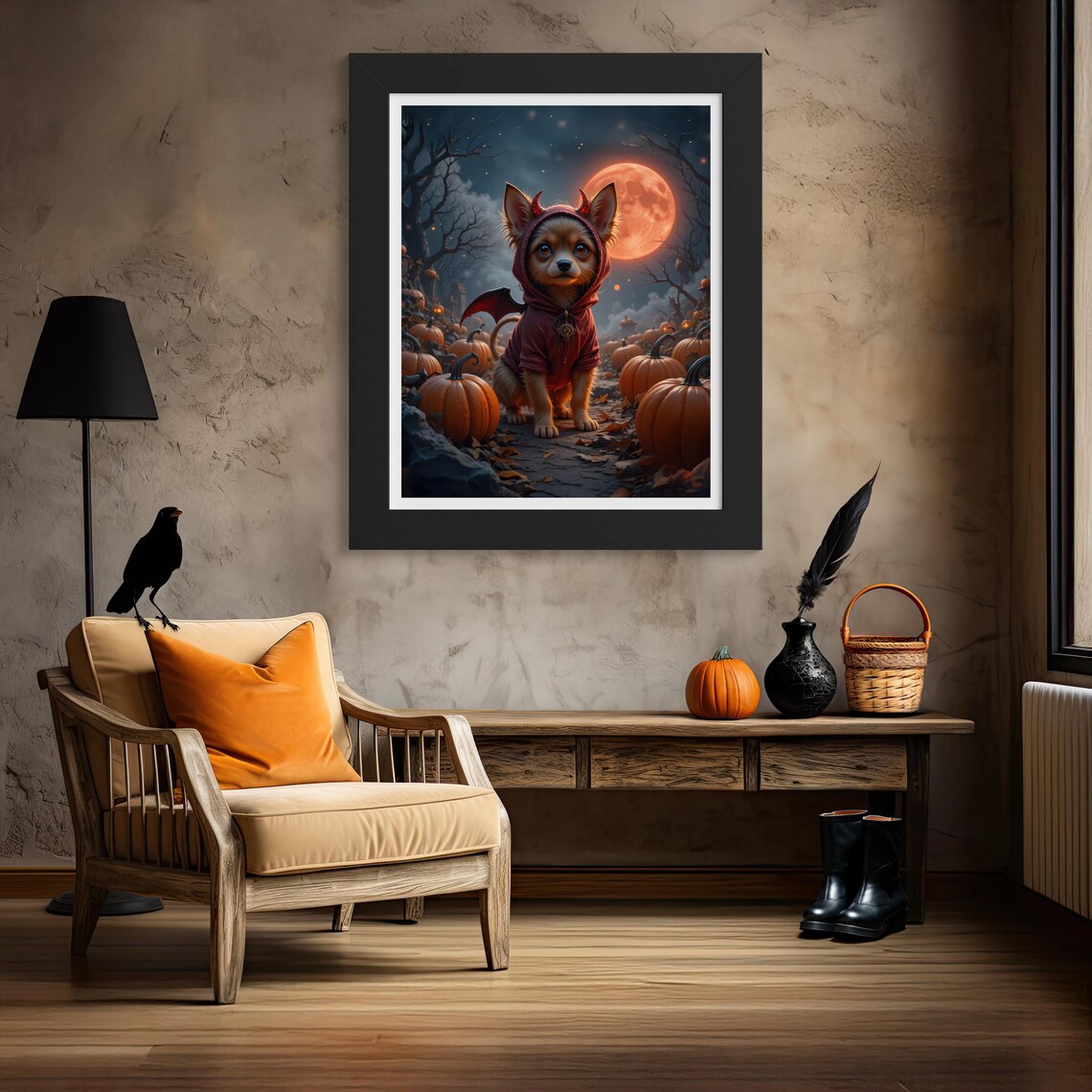 Cute Anime Dog in Pumpkin Patch Halloween Night Moonlit Poster - Image 4