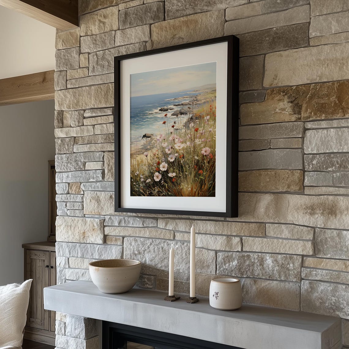 Coastal Wildflowers On Rocky Seaside Cliffs Vintage Ocean Art Poster - Image 3