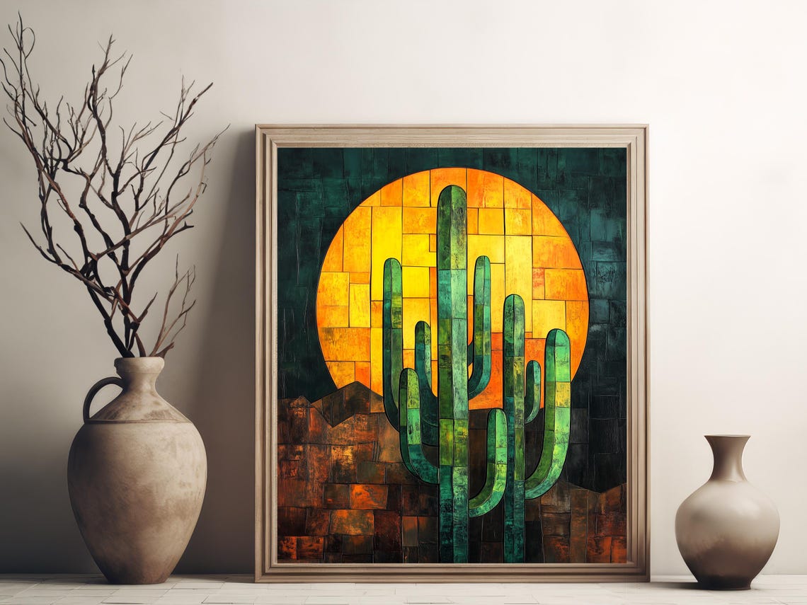 Cubist Saguaro Cactus Under Giant Sun Southwestern Desert Poster - Image 3