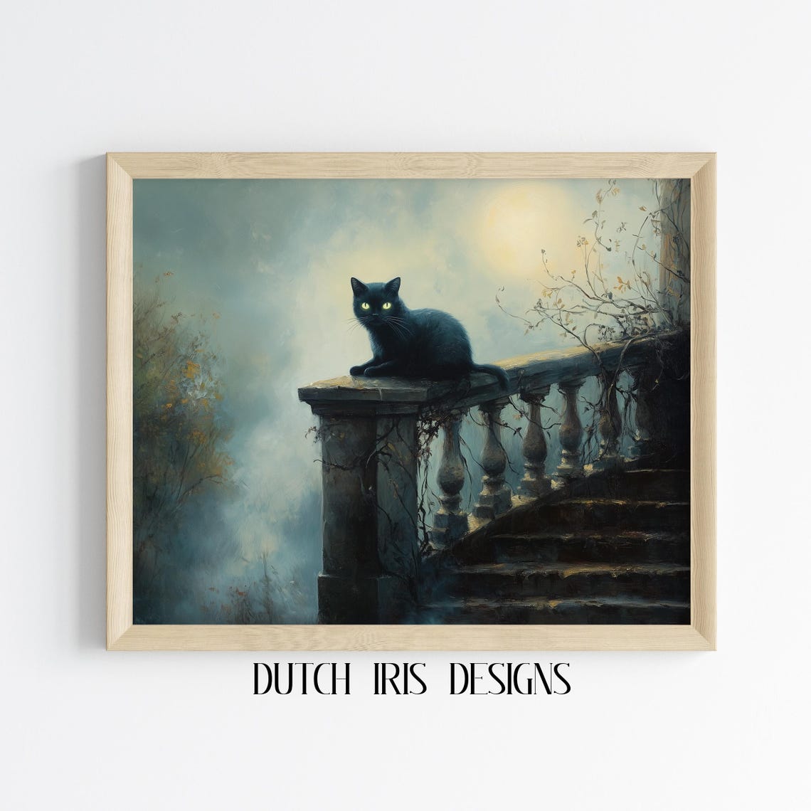 Black Cat On Stone Staircase Under Full Moonlight Gothic Poster