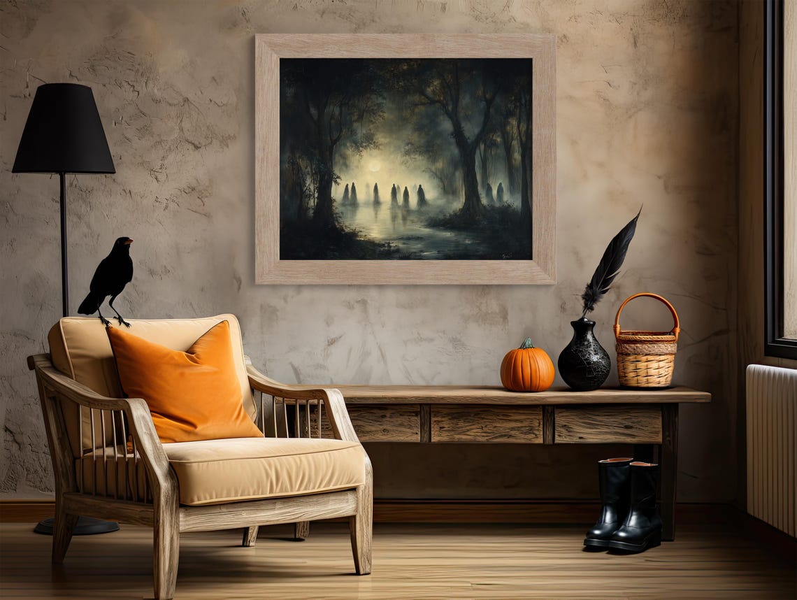 Hooded Ghost Figures Gathering In Moonlit Misty Forest Swamp Poster - Image 4