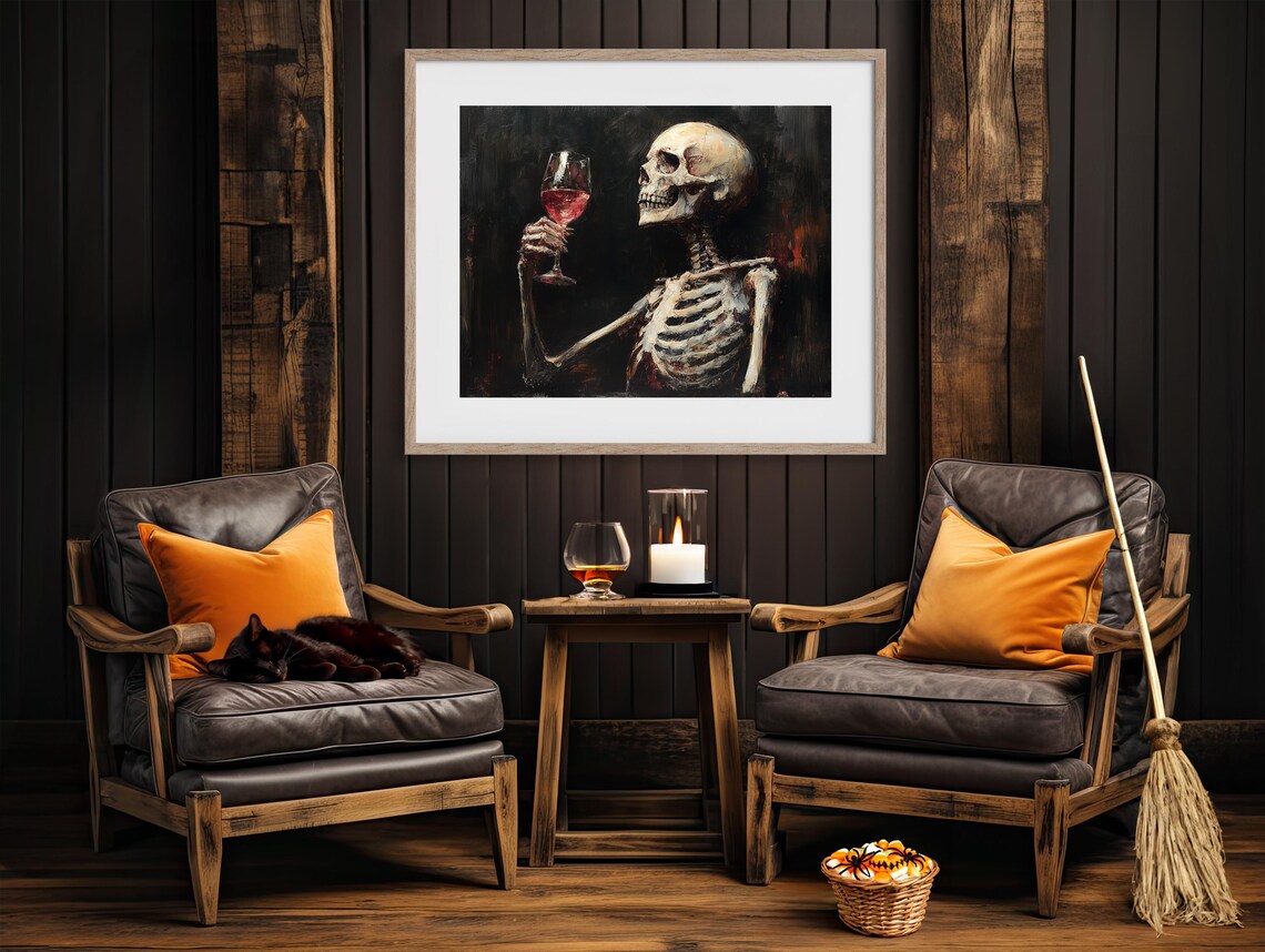 Gothic Skeleton Raising A Glass Of Red Wine Dark Oil Painting Art Poster - Image 4