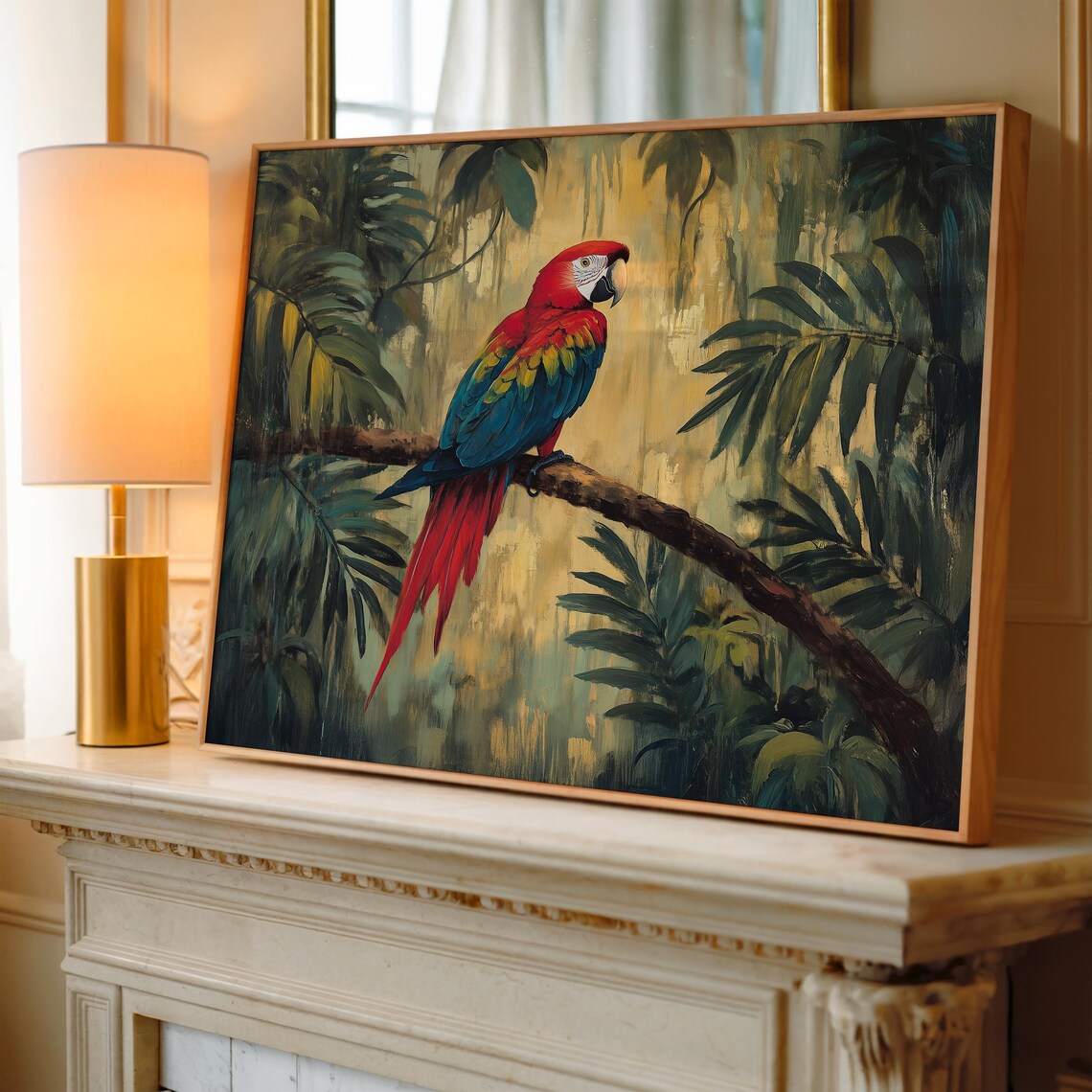Scarlet Macaw in Lush Jungle Tropical Bird Oil Painting Poster - Image 3