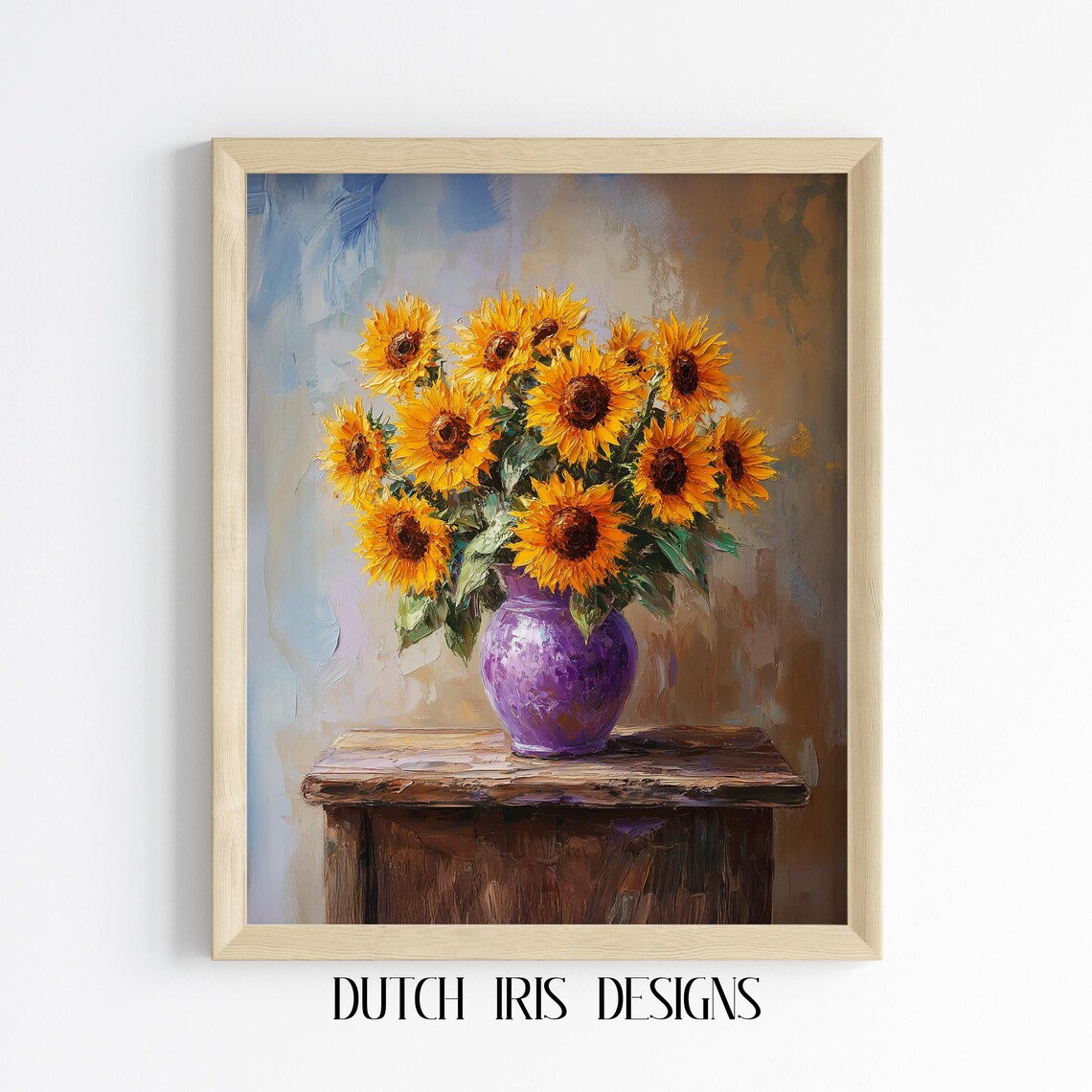 Bright Sunflowers In Purple Vase Rustic Impressionist Floral Poster
