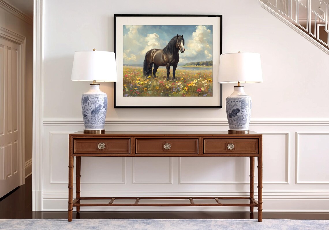 Dark Bay Horse In Wildflower Meadow By Quiet Lake Country Poster - Image 4
