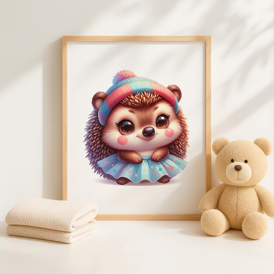 Baby Hedgehog In Striped Beanie And Polka Dot Skirt Nursery Art Poster - Image 4