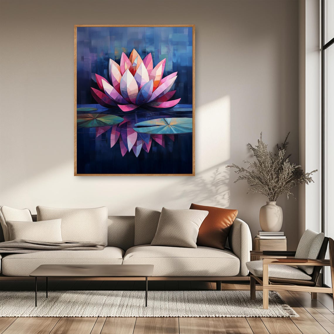 Geometric Pink Water Lily On Midnight Blue Pond Floral Poster - Image 2