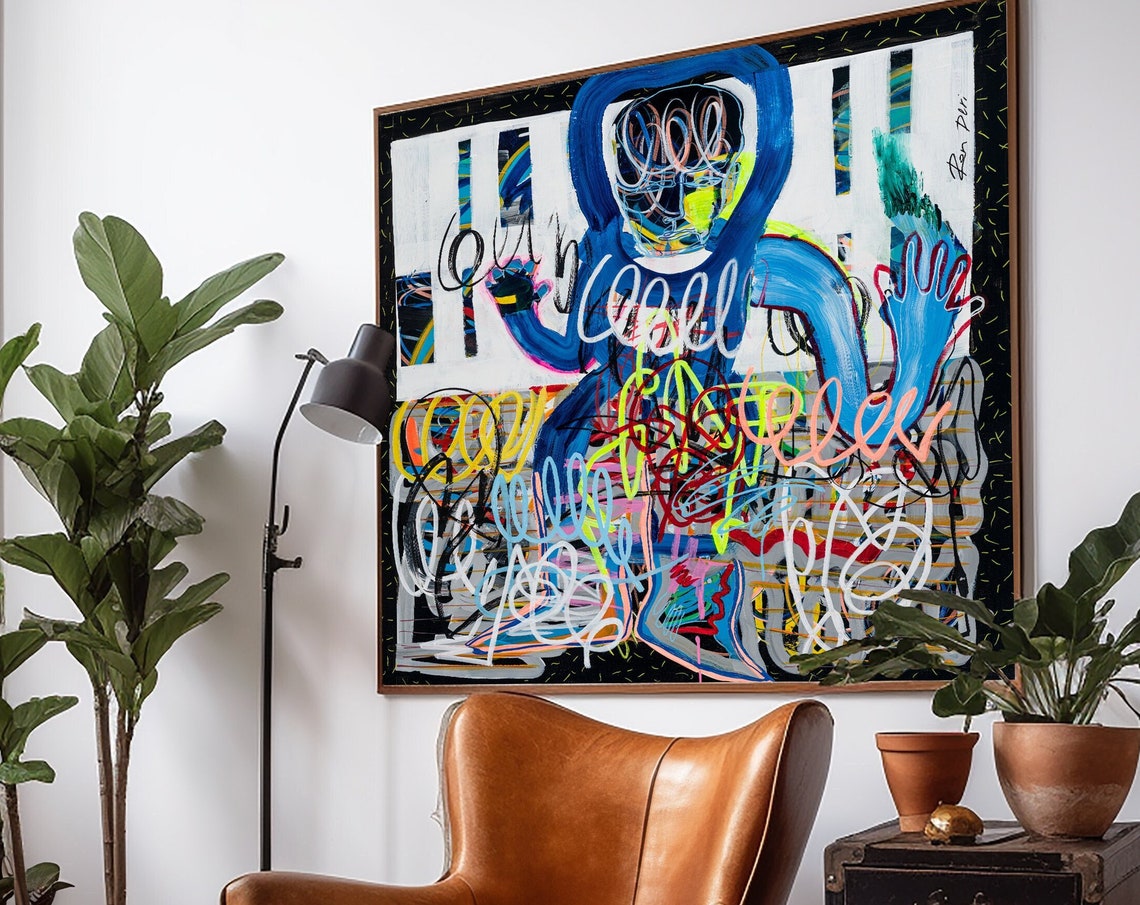 Blue Abstract Figure Covered in Colorful Scribbles Modern Art Poster