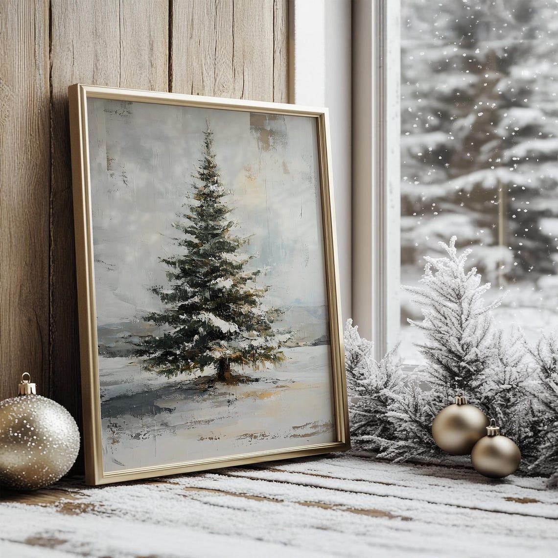 Snowy Pine Tree In Winter Field Minimalist Painting Art Poster