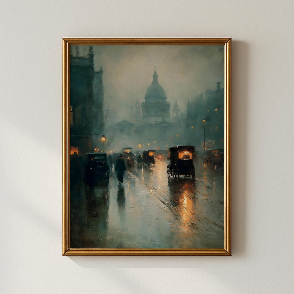 Moody Vintage Cityscape Wall Art Rainy Street Scene With Carriages Dark Academia Urban Historic European City Painting